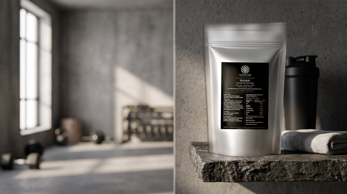 Therapium VIGORIS™ Clear Whey Protein Iced Tea Peach — 500 g in a cinematic scene