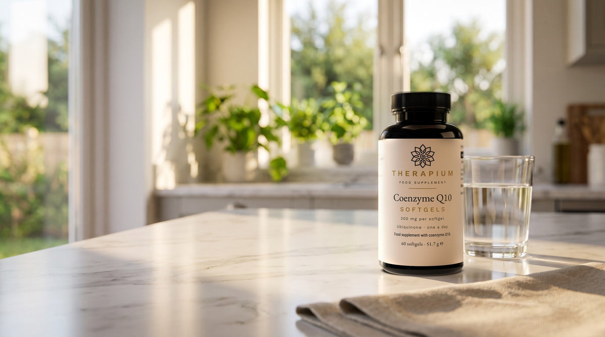 Therapium Coenzyme Q10 — 60 softgels with 200 mg each in a cinematic scene