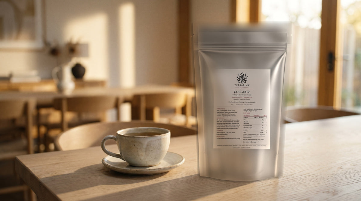 Therapium COLLARIS™ Collagen Hydrolysate Powder — 500 g in a cinematic scene