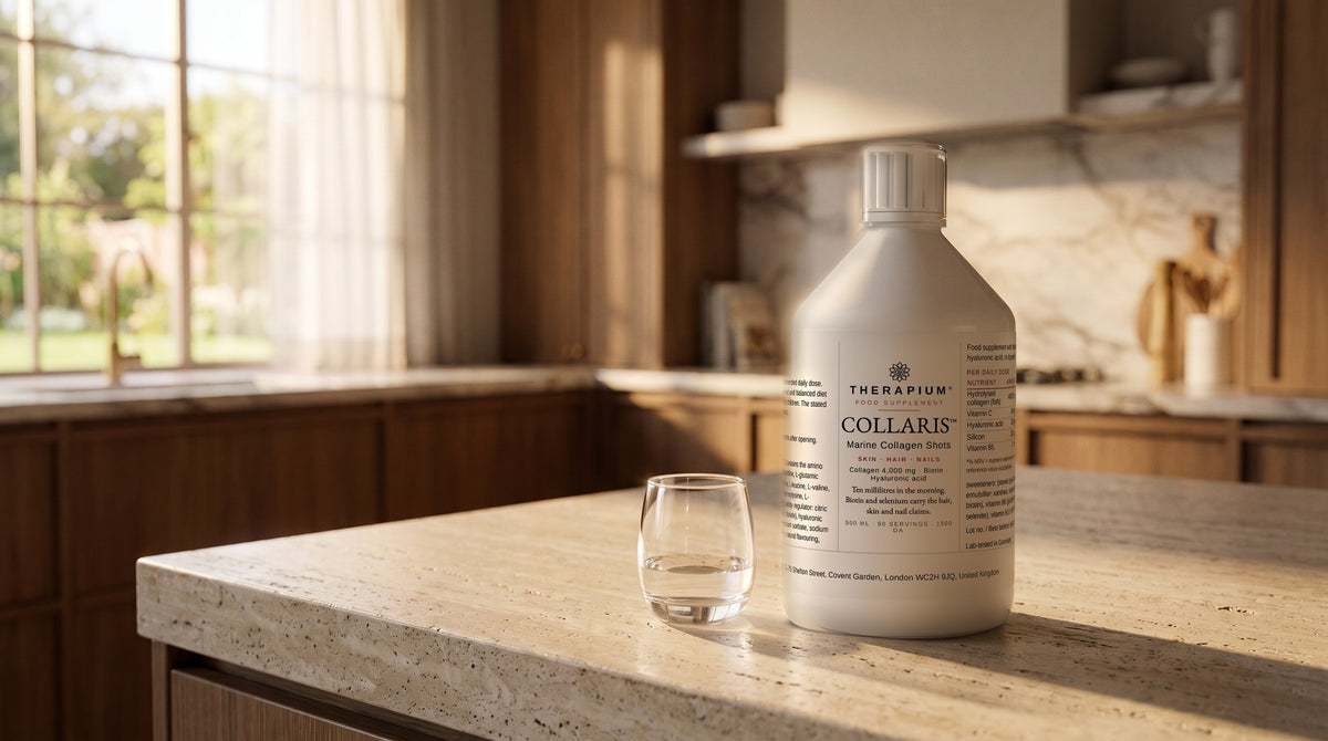 Therapium COLLARIS™ Marine Collagen Shots — 500 ml in a cinematic scene