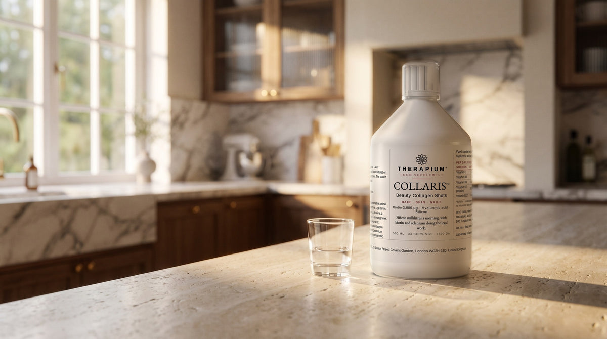 Therapium COLLARIS™ Beauty Collagen Shots — 500 ml in a cinematic scene