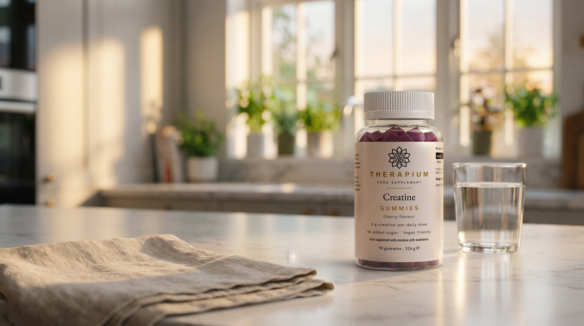Therapium Creatine Gummies Cherry — 90 gummies with 3 g creatine a day in a cinematic scene