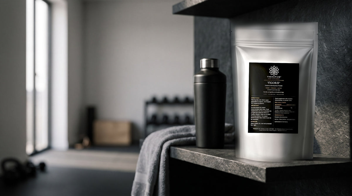 Therapium VIGORIS™ Creatine Monohydrate Powder — 1,000 g in a cinematic scene