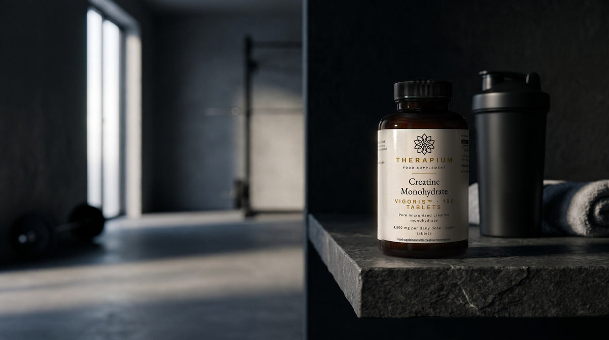 Therapium VIGORIS™ Creatine Monohydrate Tablets — 180 tablets in a cinematic scene
