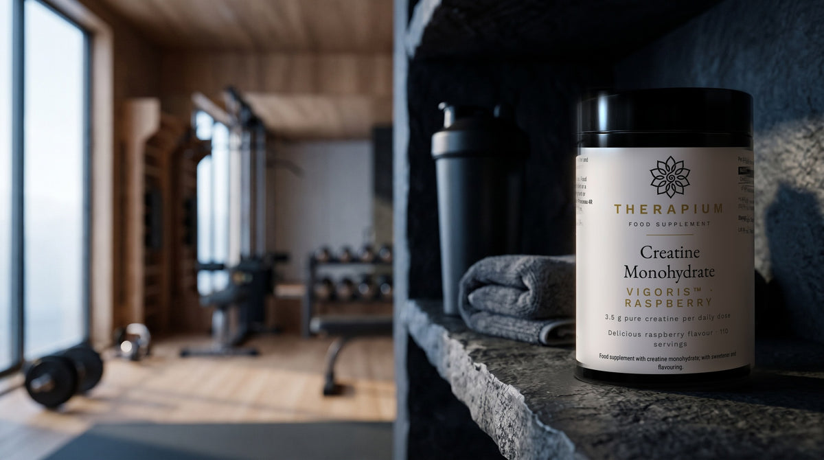 Therapium VIGORIS™ Creatine Monohydrate Raspberry — 500 g in a cinematic scene
