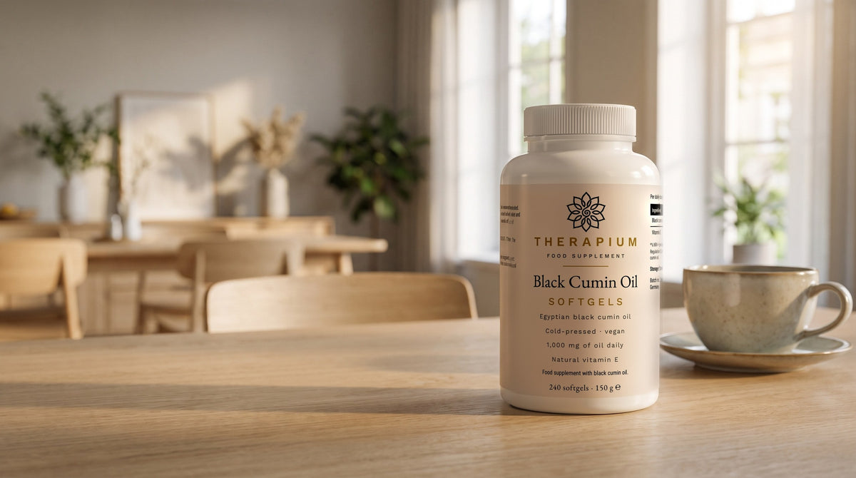 Therapium Egyptian Black Cumin Oil — 240 softgels with 1,000 mg of oil a day in a cinematic scene