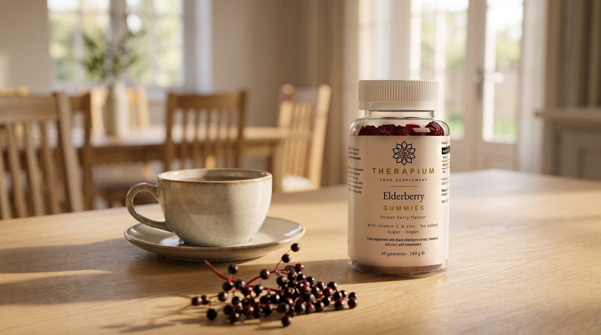 Therapium Elderberry Gummies — 60 gummies with vitamin C and zinc in a cinematic scene