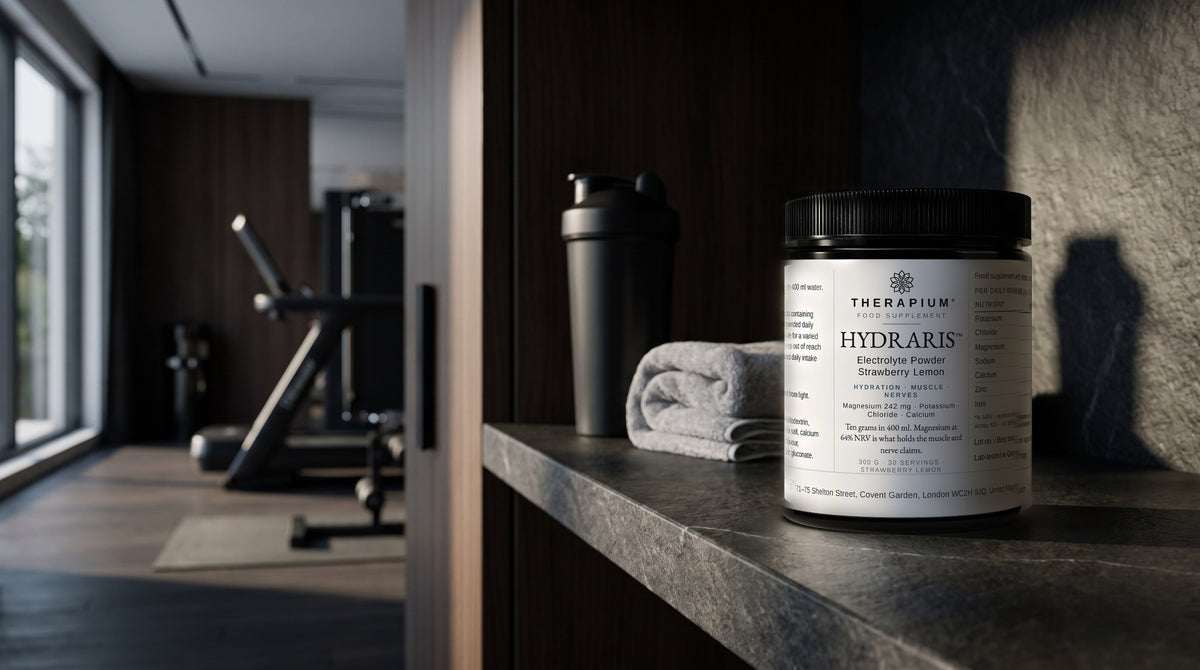 Therapium HYDRARIS™ Electrolyte Powder Strawberry Lemon — 300 g in a cinematic scene