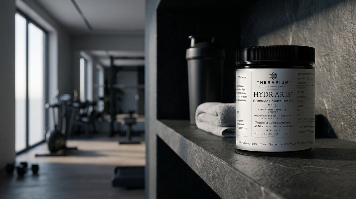 Therapium HYDRARIS™ Electrolyte Powder Tropical Mango — 300 g in a cinematic scene