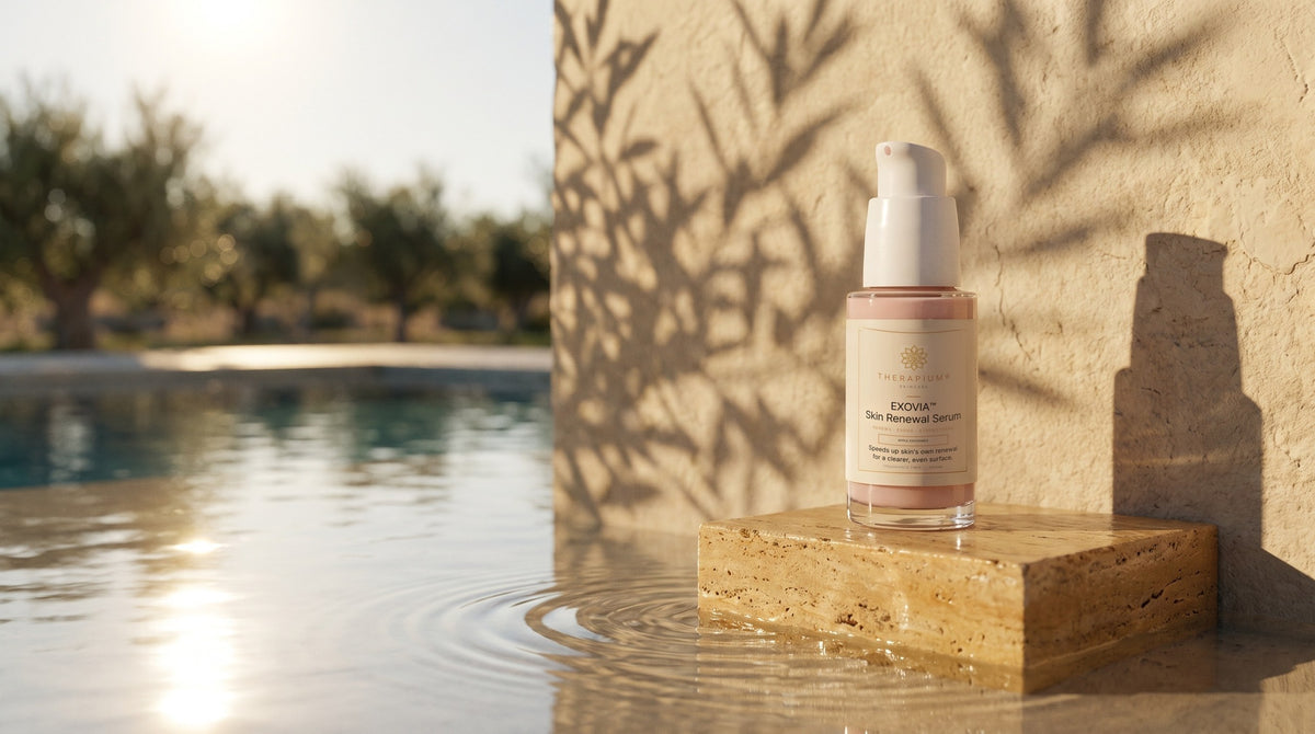 Therapium EXOVIA™ Skin Renewal Serum in a cinematic scene