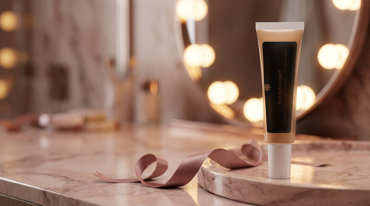 Therapium VELOURIS™ Smoothing Foundation — 25 Medium Warm in a cinematic scene