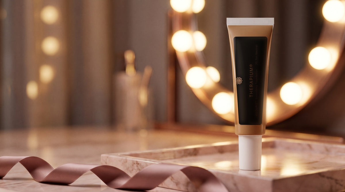 Therapium VELOURIS™ Smoothing Foundation — 30 Tan Neutral in a cinematic scene