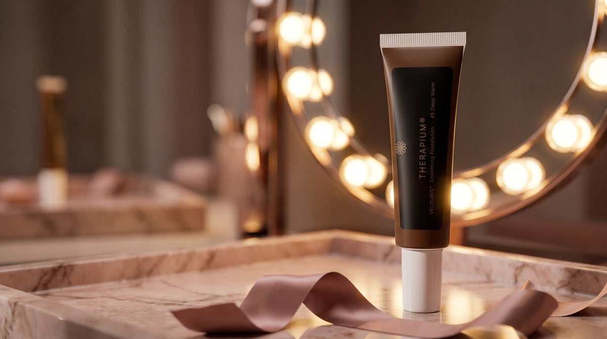 Therapium VELOURIS™ Smoothing Foundation — 45 Deep Warm in a cinematic scene