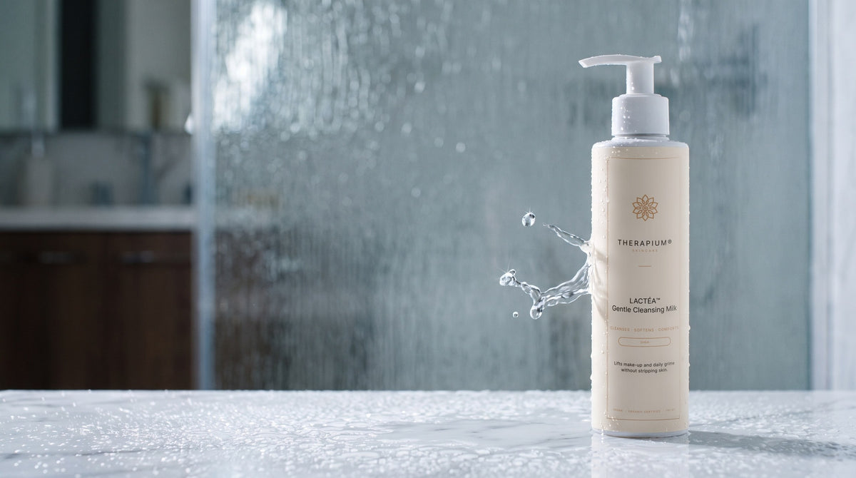 Therapium LACTÉA™ Gentle Cleansing Milk in a cinematic scene