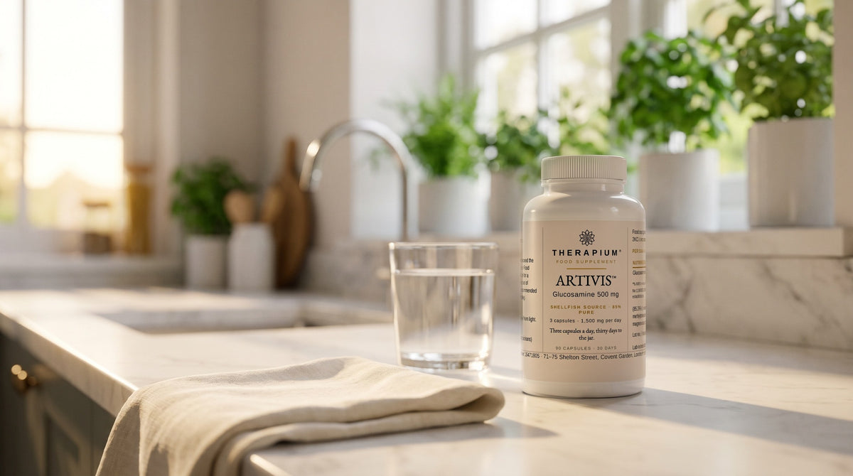 Therapium ARTIVIS™ Glucosamine 500 mg — 90 capsules in a cinematic scene
