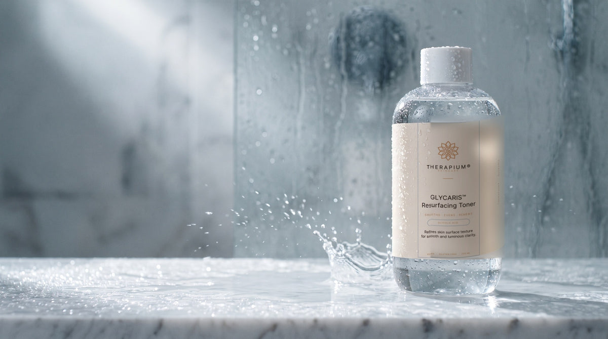Therapium GLYCARIS™ Resurfacing Toner in a cinematic scene