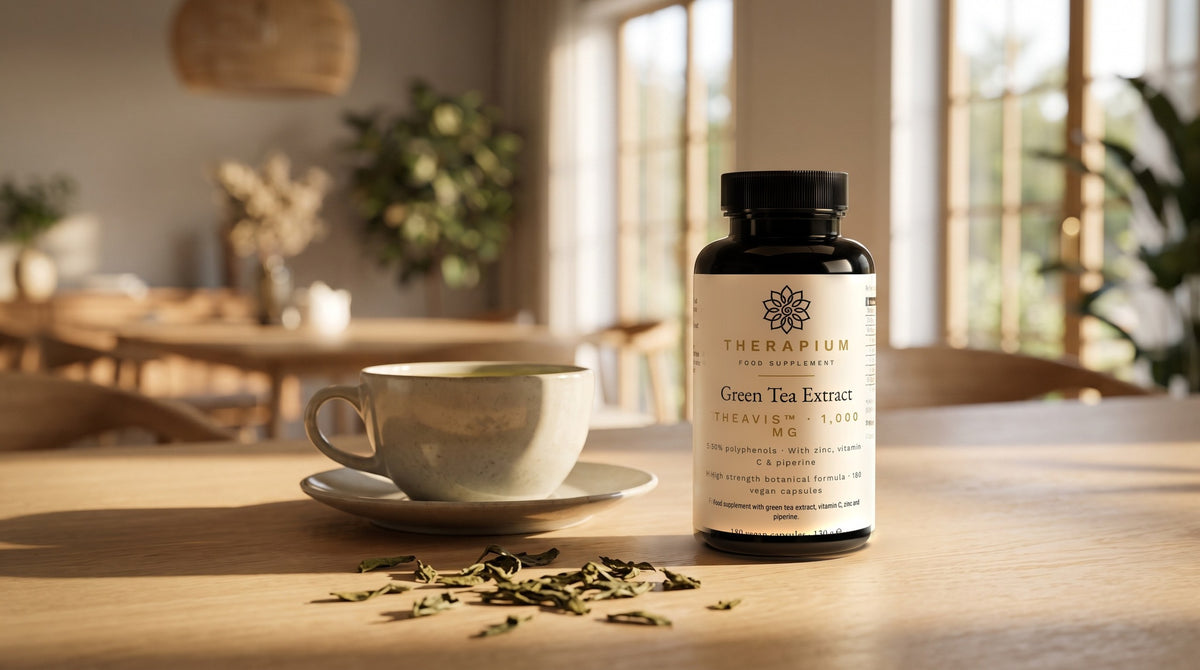 Therapium THEAVIS™ Green Tea Extract 1000 mg — 180 capsules in a cinematic scene