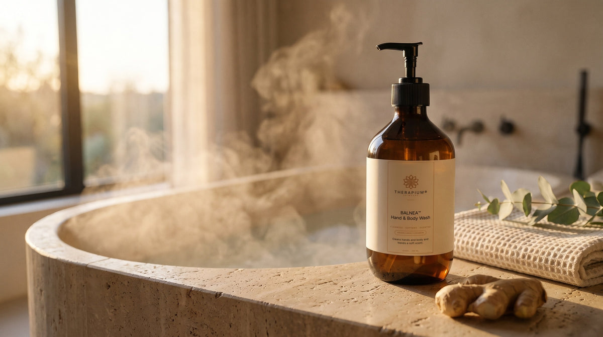 Therapium BALNEA™ Hand & Body Wash — Ginger & Smoky Cardamom in a cinematic scene