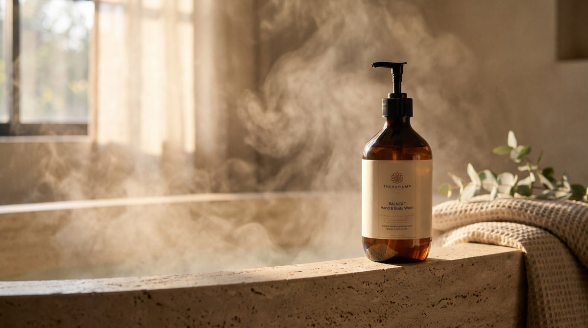 Therapium BALNEA™ Hand & Body Wash — Patchouli & Amber Vanilla in a cinematic scene