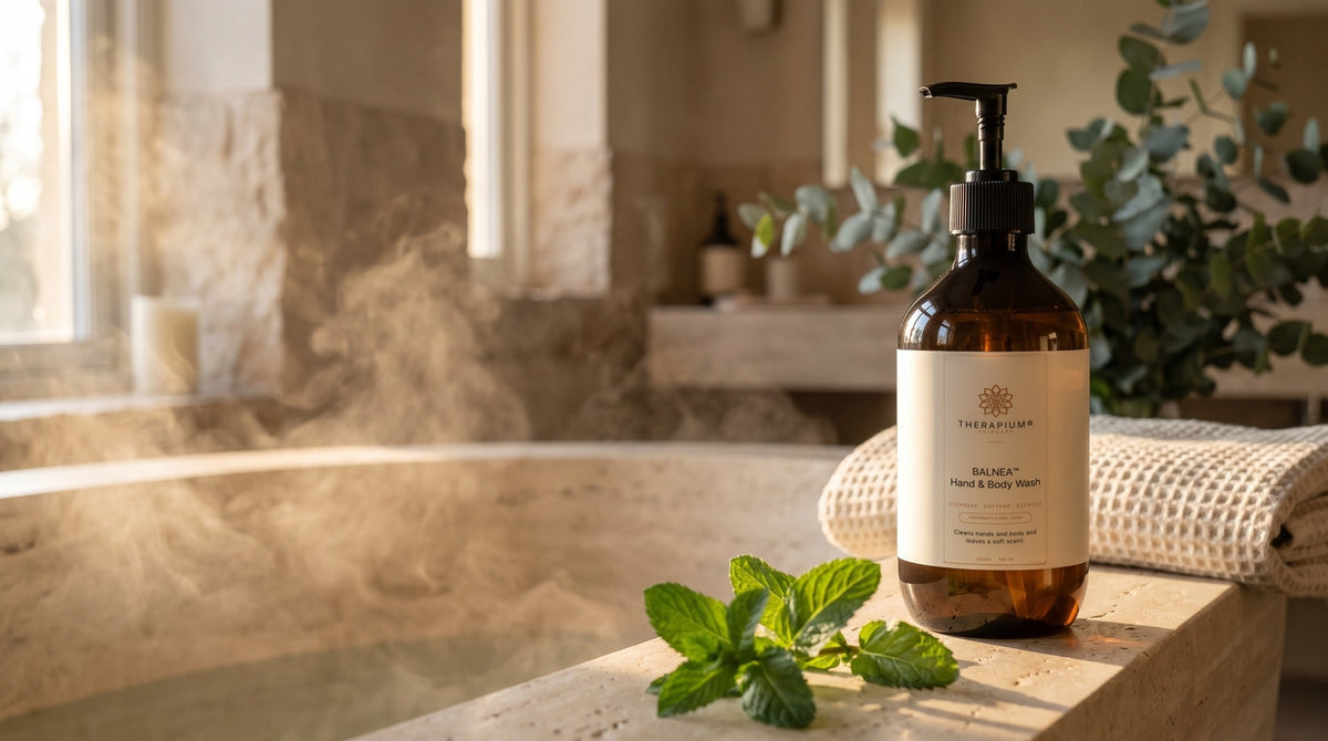 Therapium BALNEA™ Hand & Body Wash — Peppermint & Dark Cedar in a cinematic scene