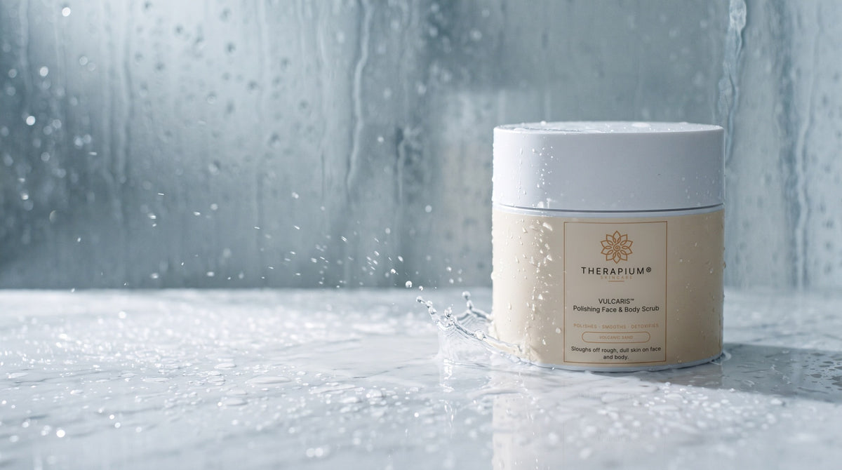 Therapium VULCARIS™ Polishing Face & Body Scrub in a cinematic scene