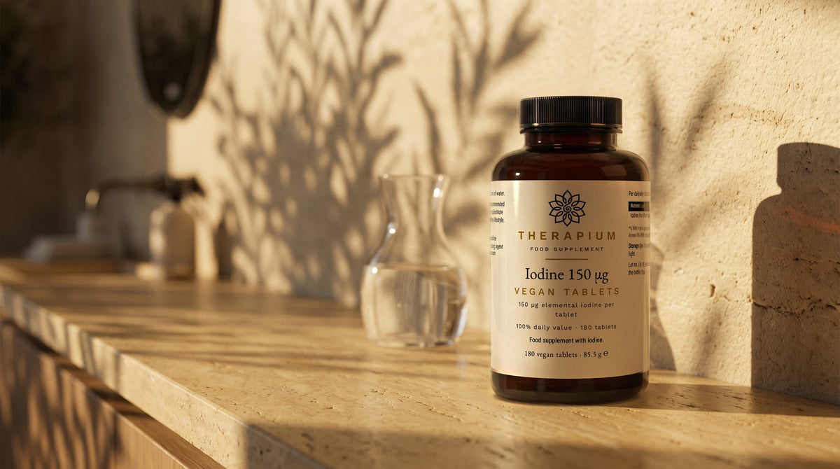 Therapium IODARIS™ Iodine 150 µg — 180 tablets in a cinematic scene