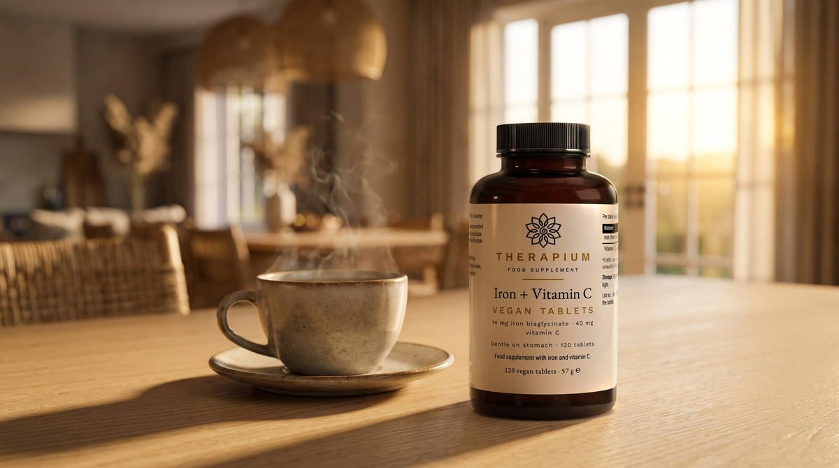 Therapium FERRIVIS™ Iron + Vitamin C — 120 tablets in a cinematic scene