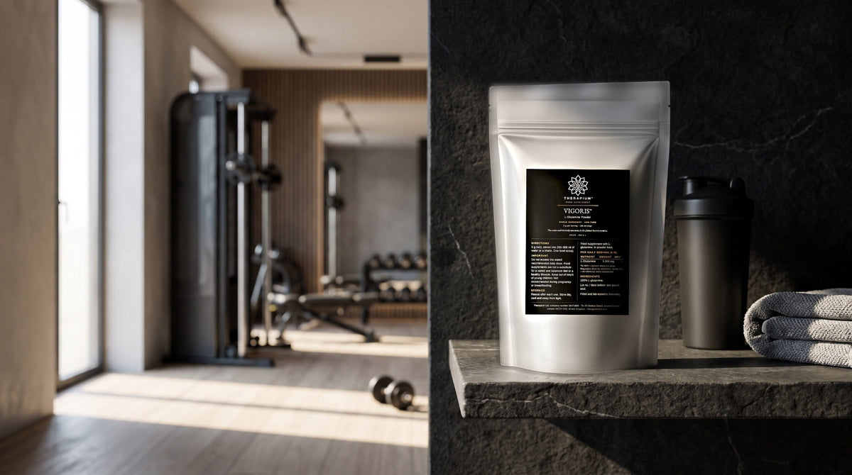 Therapium VIGORIS™ L-Glutamine Powder — 500 g in a cinematic scene