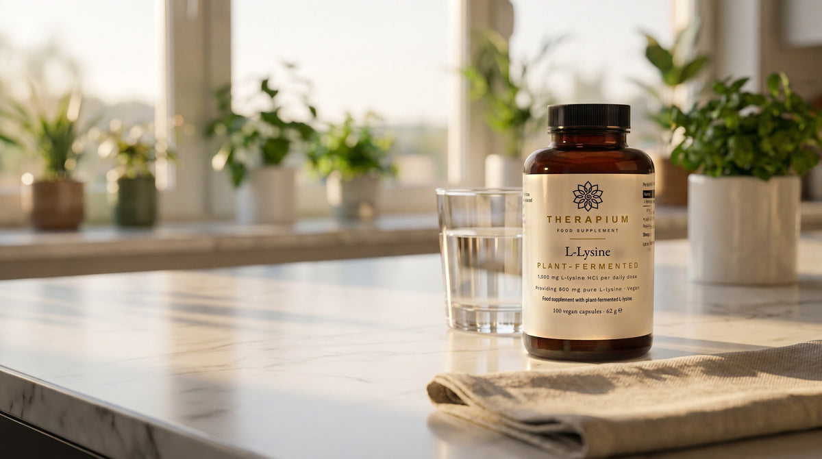 Therapium LYSARIS™ L-Lysine — 100 capsules in a cinematic scene