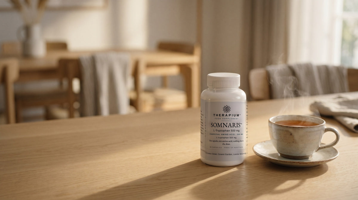 Therapium SOMNARIS™ L-Tryptophan 500 mg — 90 capsules in a cinematic scene