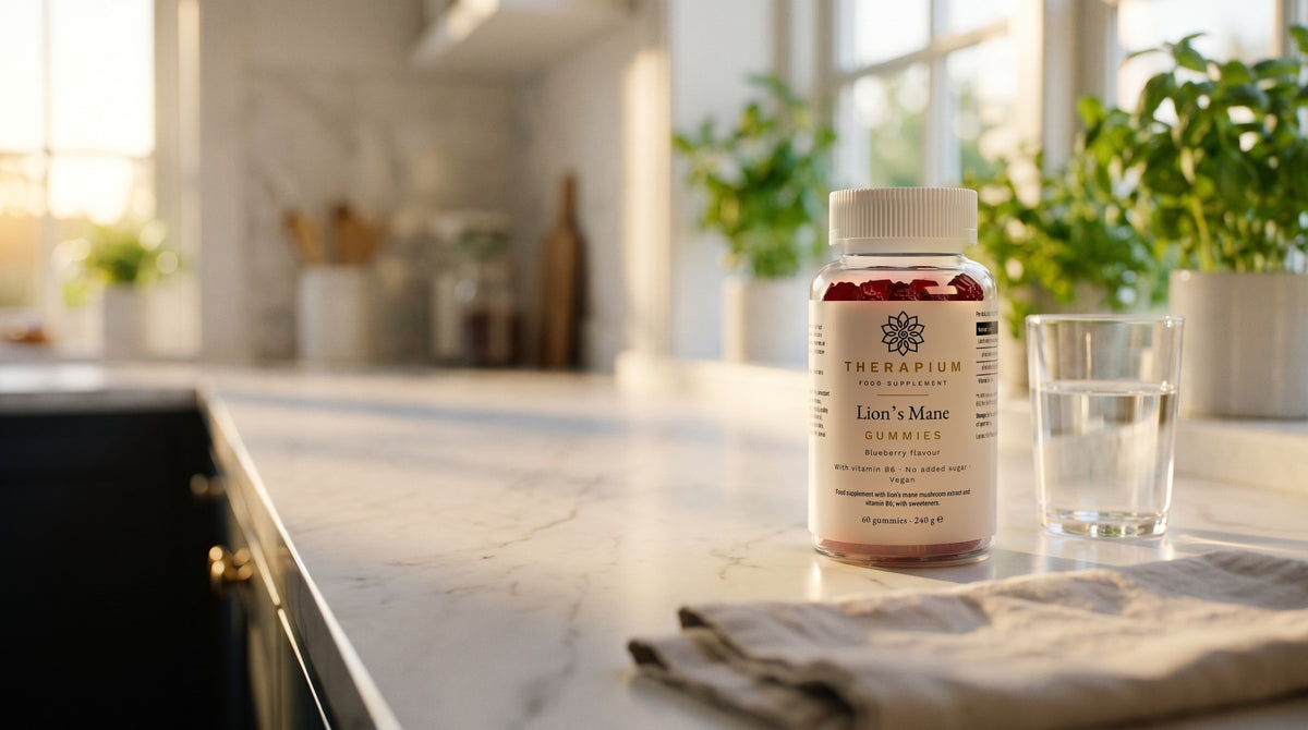 Therapium Lion's Mane Gummies — 60 gummies with fruiting-body extract and vitamin B6 in a cinematic scene