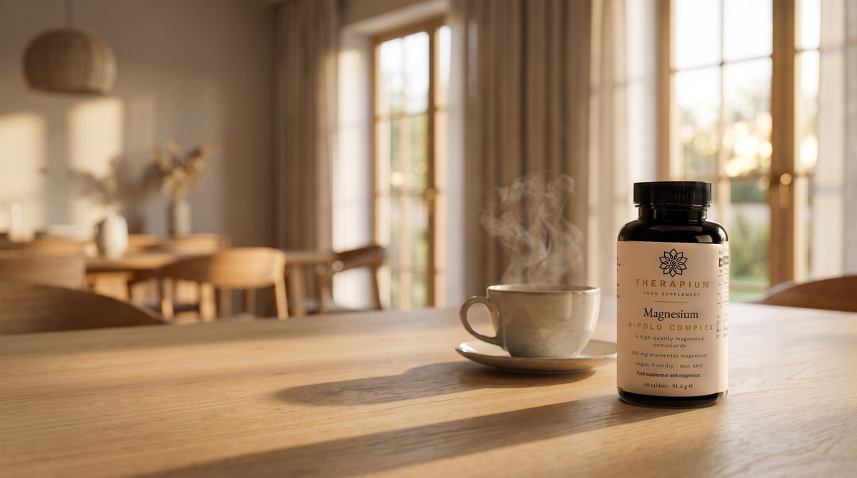 Therapium Magnesium 4-Fold Complex — 60 tablets with 200 mg elemental magnesium in a cinematic scene