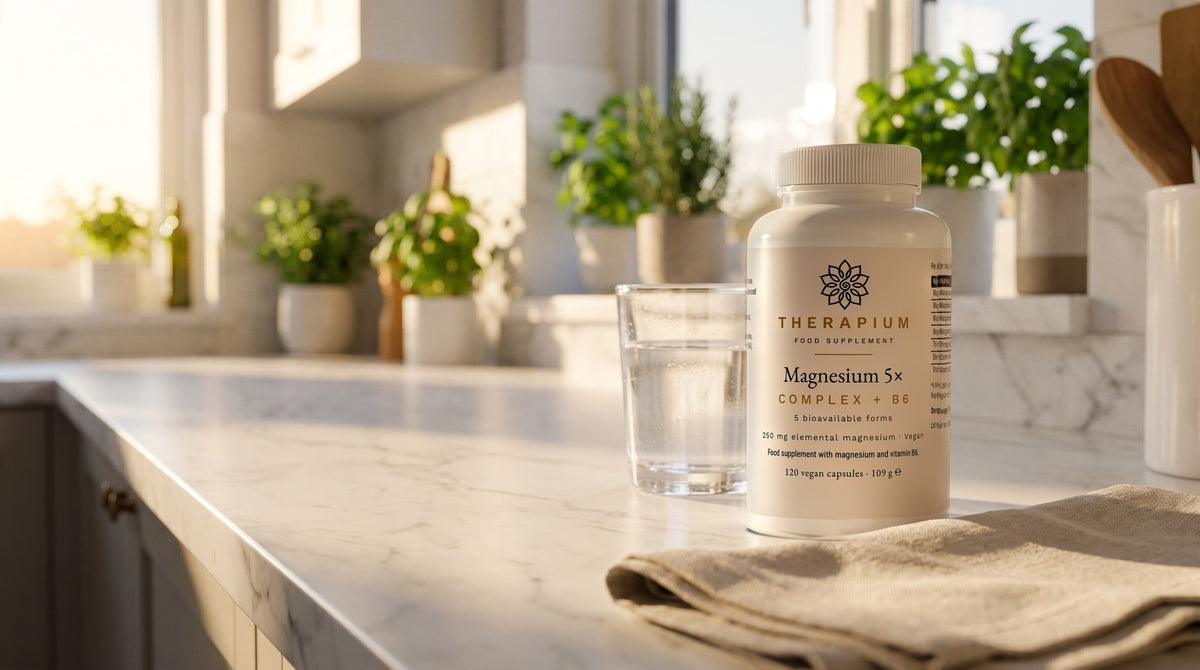 Therapium MAGNARIS™ Magnesium 5× Complex — 120 capsules in a cinematic scene