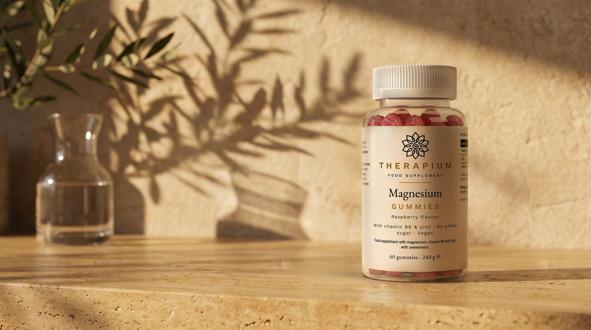 Therapium Magnesium Gummies — 60 gummies with 200 mg magnesium, zinc and B6 in a cinematic scene