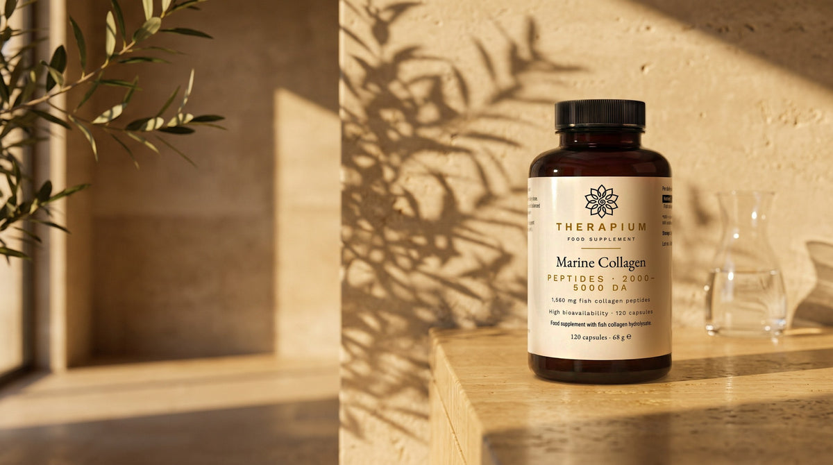 Therapium COLLARIS™ Marine Collagen Peptides — 120 capsules in a cinematic scene