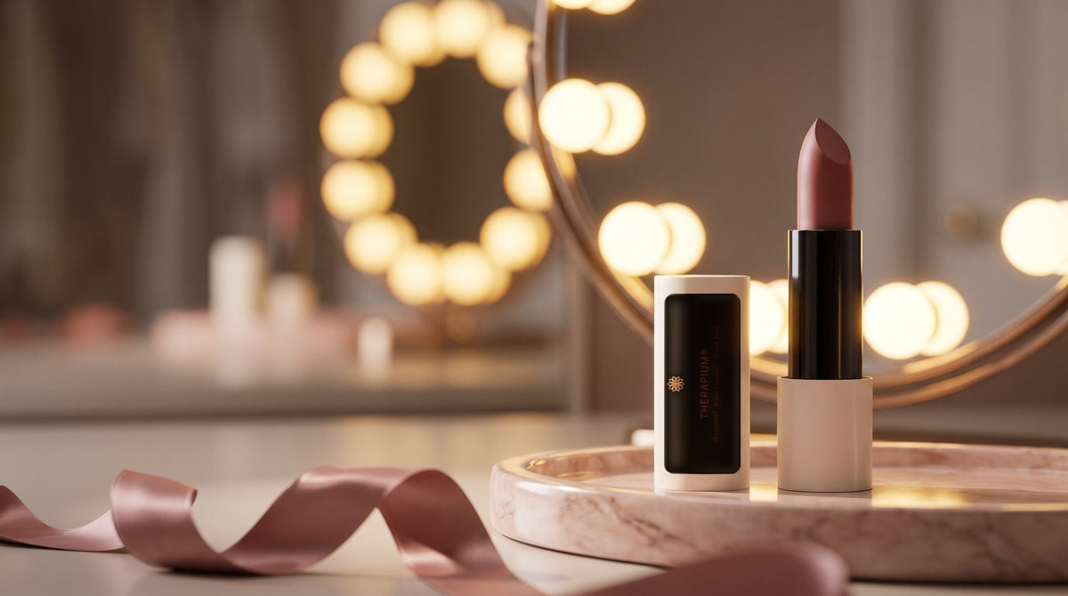 Therapium VELOURIS™ Matte Lipstick — Dusty Rose in a cinematic scene