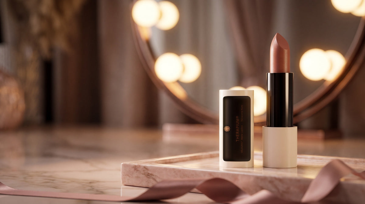 Therapium VELOURIS™ Matte Lipstick — Terracotta Nude in a cinematic scene
