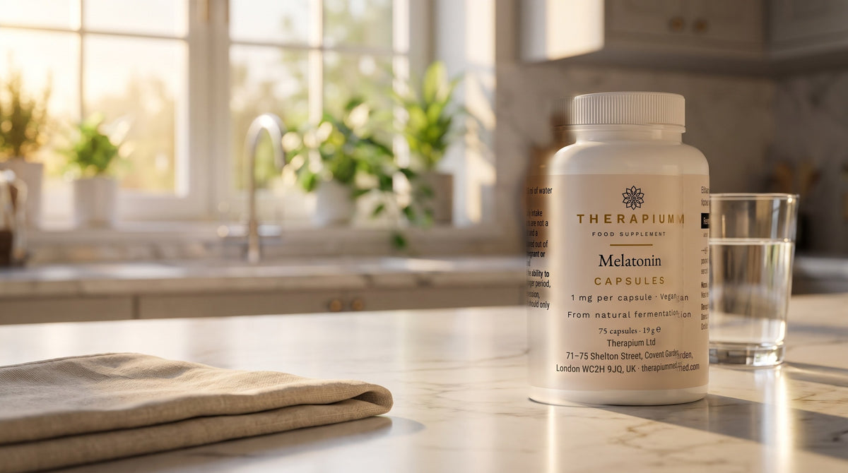Therapium Melatonin — 75 capsules with 1 mg each in a cinematic scene