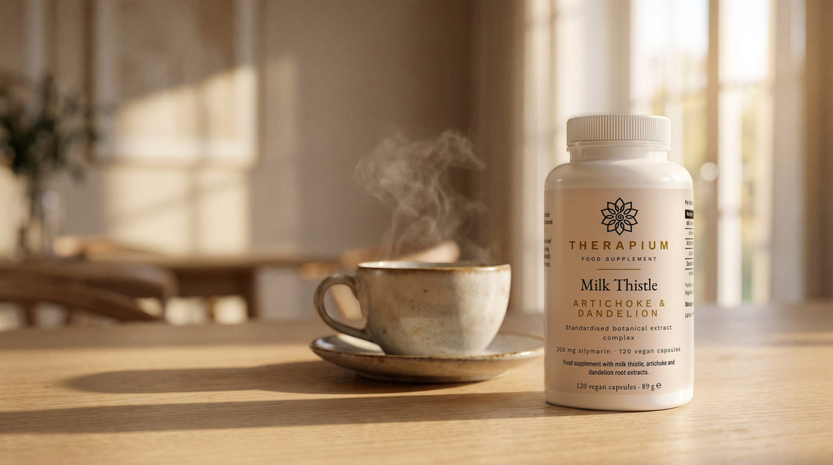 Therapium SILVARIS™ Milk Thistle Artichoke Dandelion — 120 capsules in a cinematic scene