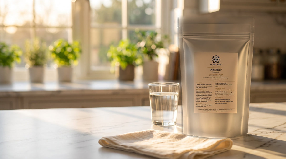 Therapium SULFARIS™ MSM Powder — 500 g in a cinematic scene