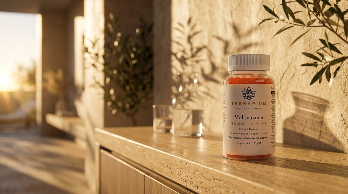 Therapium Multivitamin Gummies Kids — 60 vegan gummies, 11 nutrients in a cinematic scene