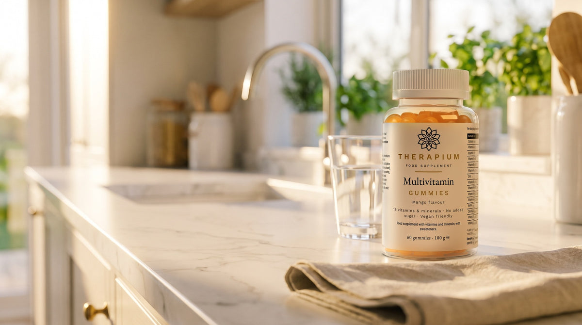 Therapium Multivitamin Gummies — 60 gummies with 15 vitamins and minerals in a cinematic scene