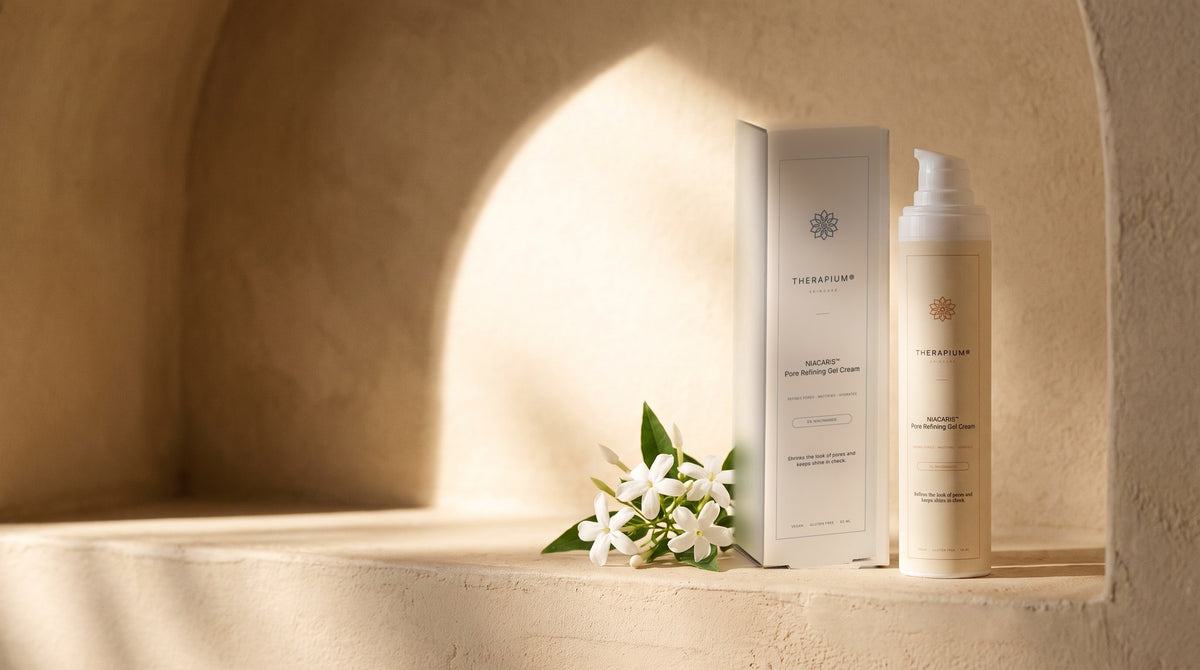 Therapium NIACARIS™ Pore Refining Gel Cream in a cinematic scene