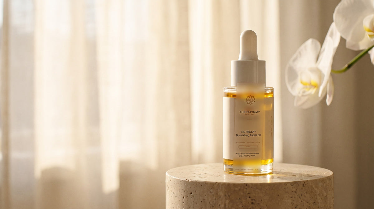Therapium NUTRISSA™ Nourishing Facial Oil in a cinematic scene