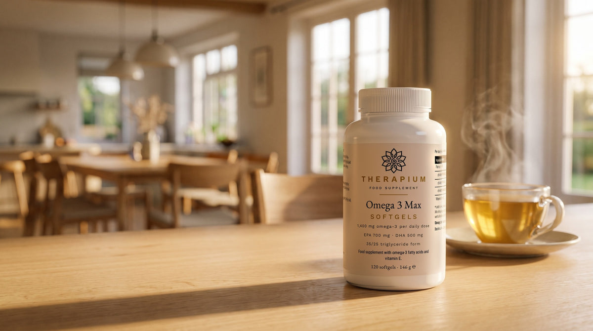 Therapium MARENIS™ Omega 3 Max 35/25 — 120 softgels in a cinematic scene