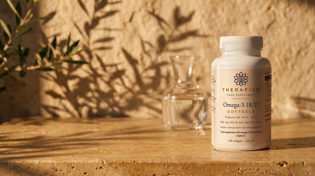 Therapium MARENIS™ Omega-3 Triglyceride 18/12 — 120 softgels in a cinematic scene