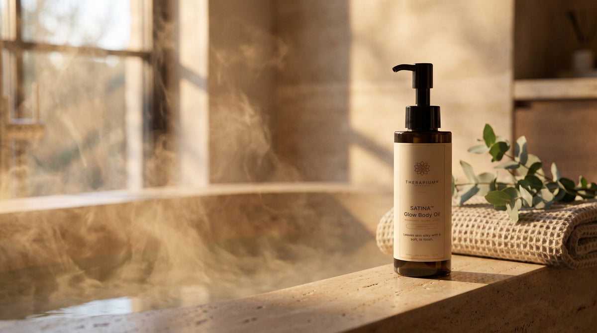 Therapium SATINA™ Glow Body Oil in a cinematic scene