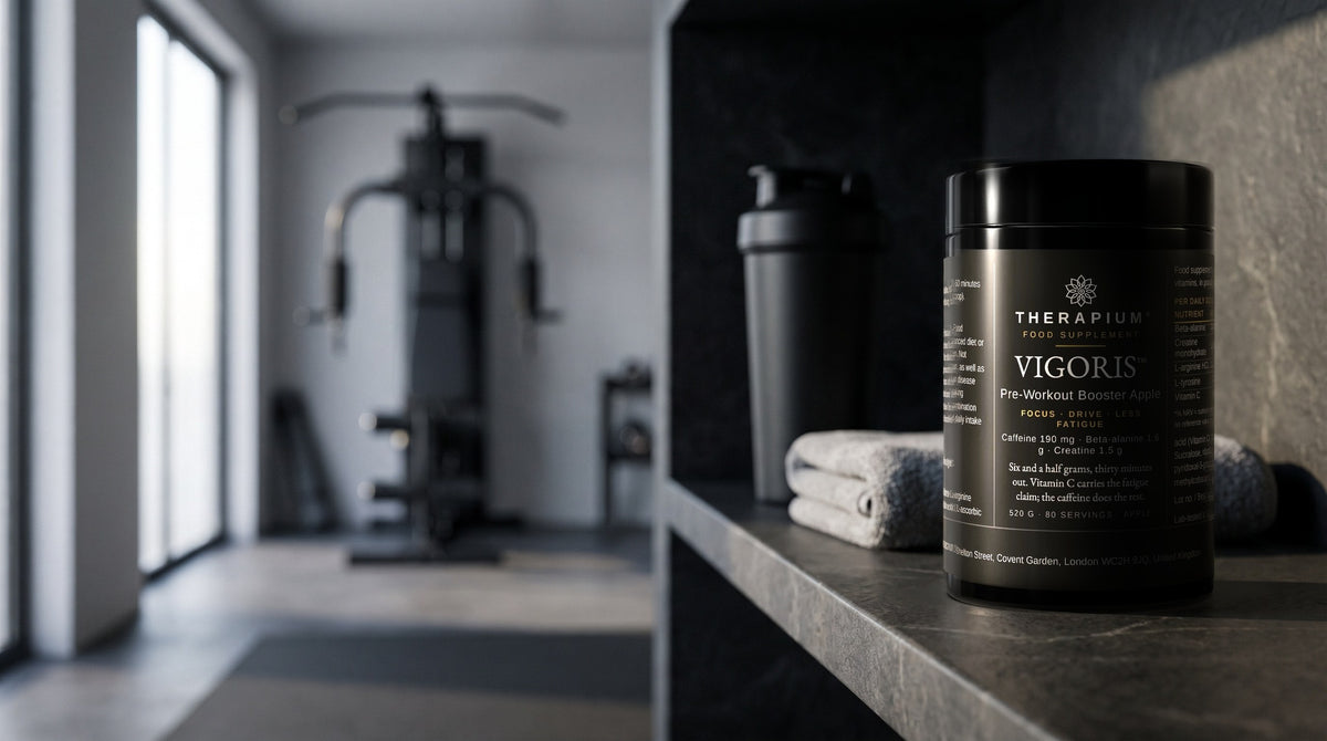 Therapium VIGORIS™ Pre-Workout Booster Apple — 520 g in a cinematic scene