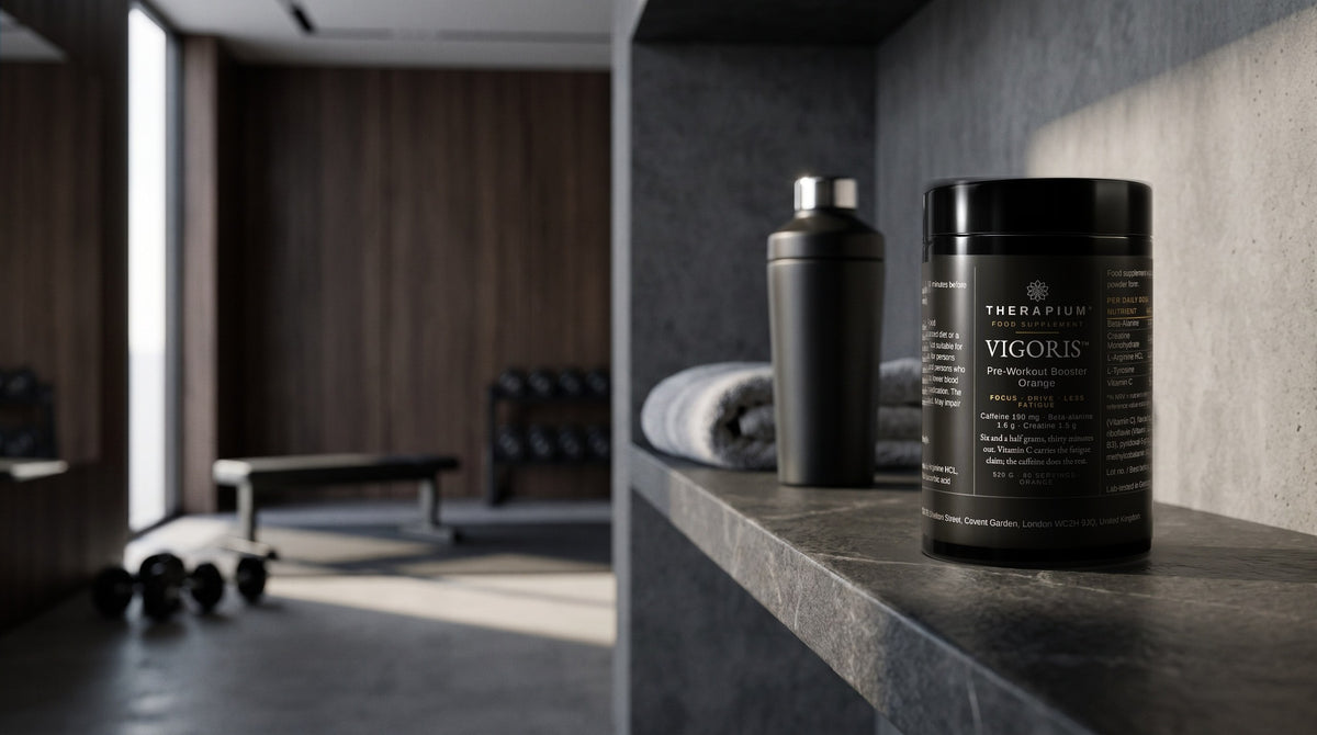 Therapium VIGORIS™ Pre-Workout Booster Orange — 520 g in a cinematic scene
