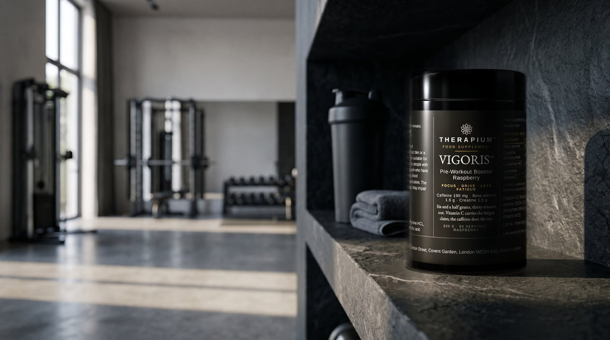 Therapium VIGORIS™ Pre-Workout Booster Raspberry — 520 g in a cinematic scene